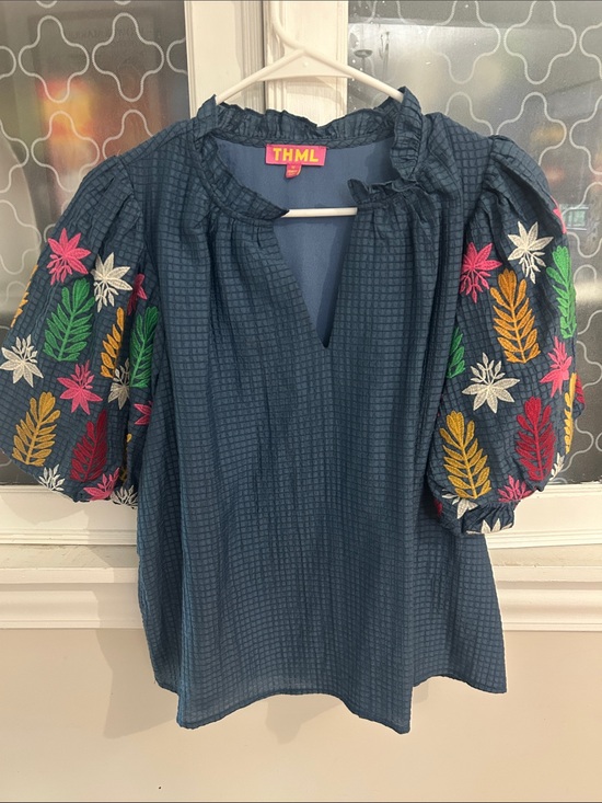THML Tops - THML Navy Embroidered Puff-Sleeve Blouse